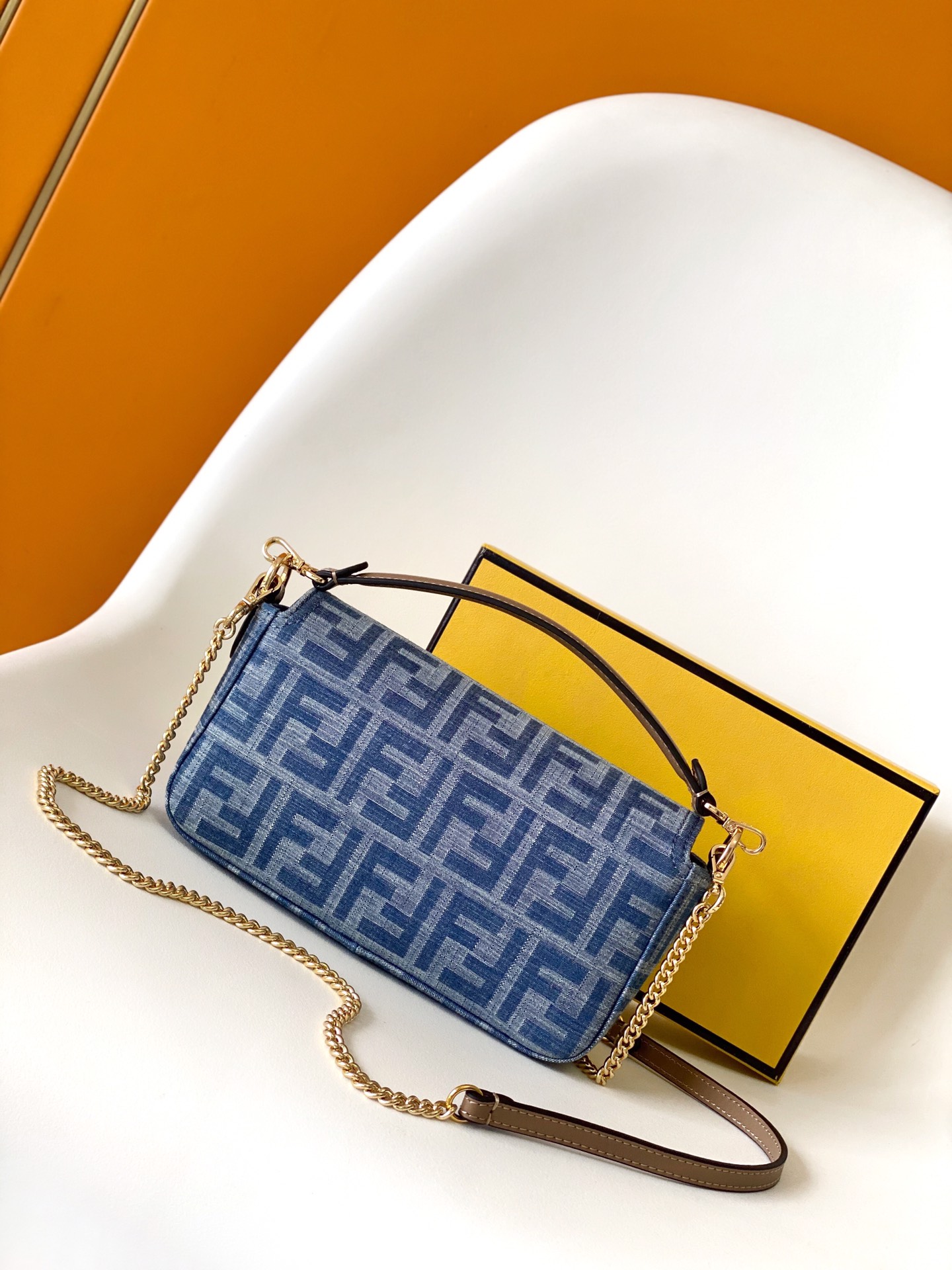 Fendi Mini Baguette FF Chenille Shoulder Bag Blue